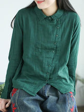 Ramie Cotton Solid Diagonal Button-design Shirt Top